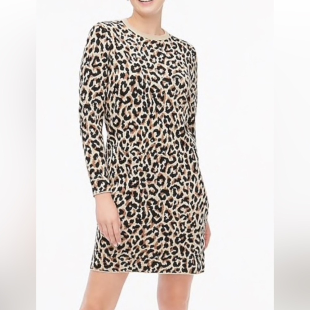 J. CREW Leopard Print Long Sleeve Knit Black Sweater Dress S NWOT